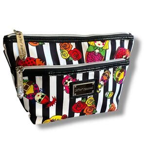 Betsy Johnson Cosmetic Pouch Bag Black Stripe Nesting Doll Print Medium Zip Top